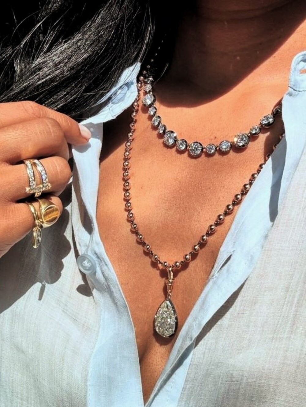 Stunning Gold Ball Chain Necklace with Pear-Cut Crystal Georgian Pendant - Picture 2 of 6